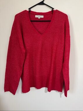 LOFT Bright Red V-Neck Knit Sweater